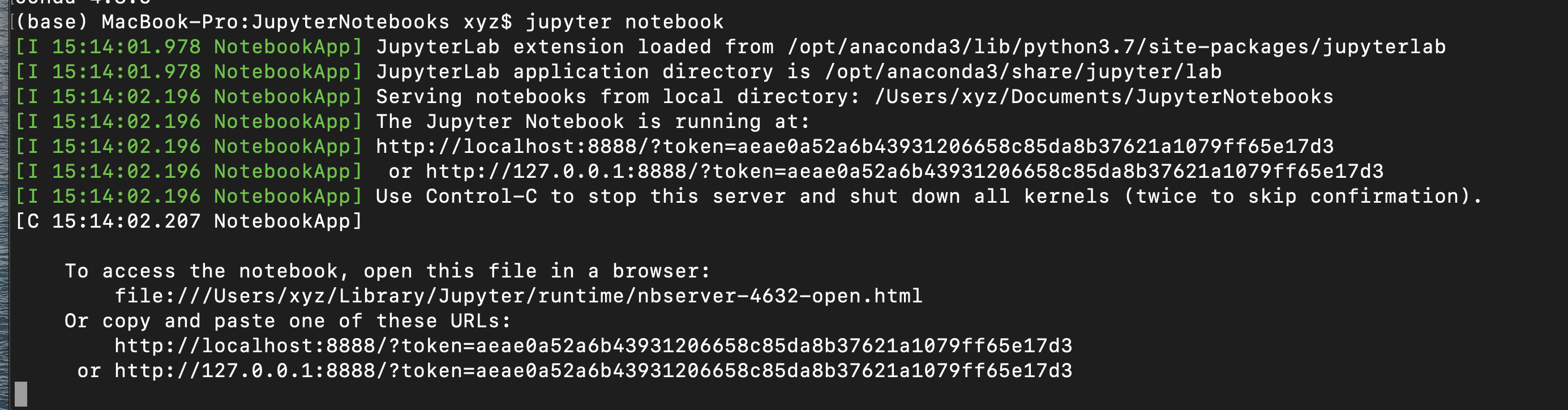 Starting a Notebook server in the default `base` environment. The `jupyter notebook` command will behave the same in both MacOS/Linux and Windows. 