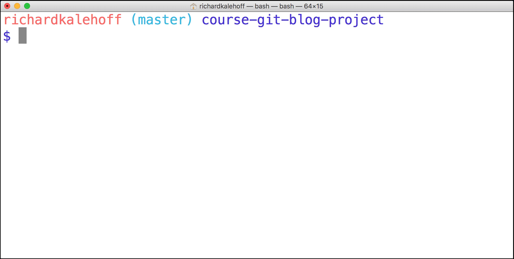 _An animated gif of the Terminal application. The `git status` command is run in the `course-git-blog-project` project._