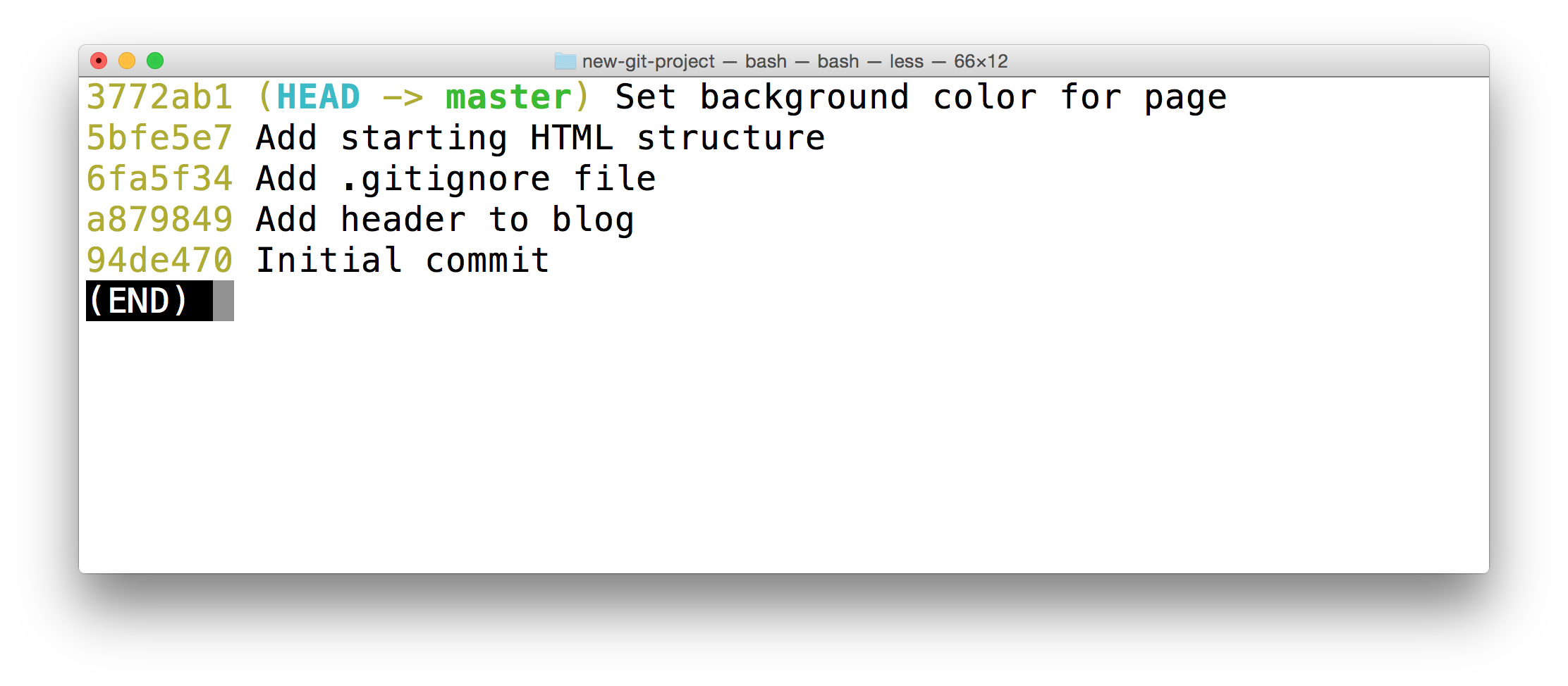 _The Terminal application showing the output of the `git log --oneline --decorate` command. The most-recent commit adds a default background color to the page._