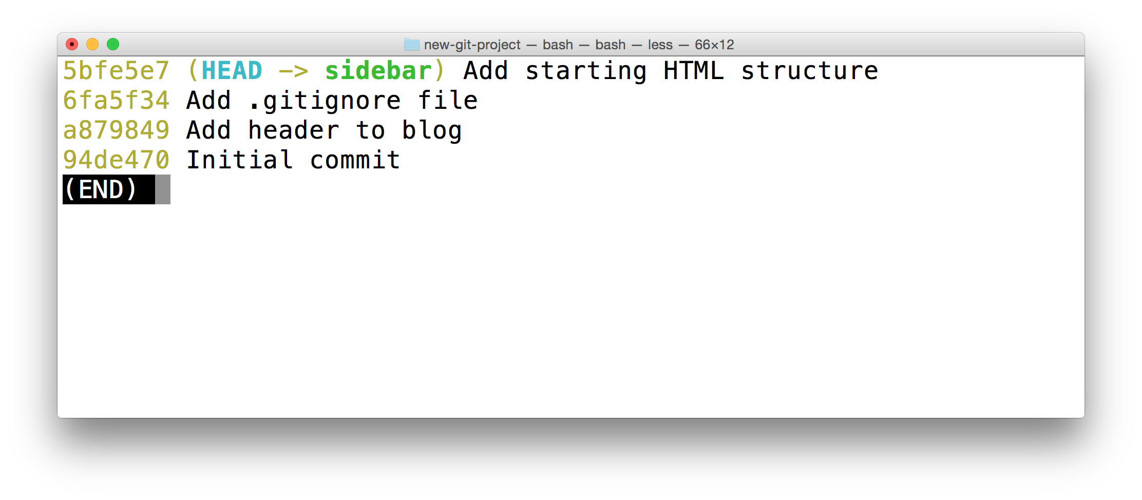 _The Terminal application showing the output of `git log --oneline --decorate`. The output does *NOT* include the `master` branch - it has disappeared._