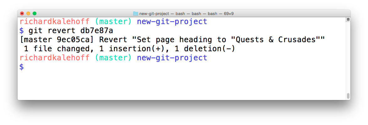 _The Terminal application showing the output of reverting a commit. The output provides the commit message of the commit that was reverted. It also creates a new commit to record this change._