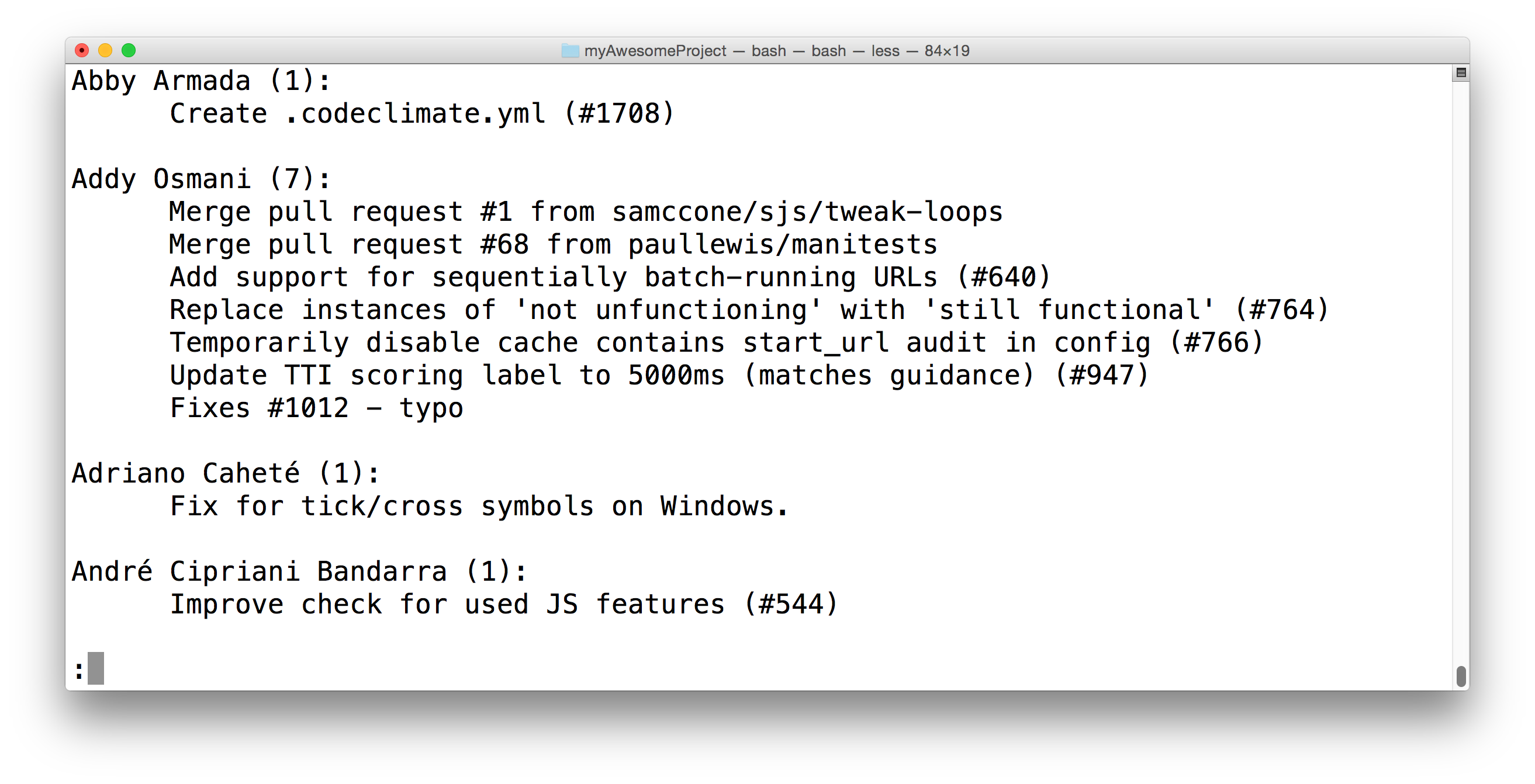 _The terminal showing the results of running the `git shortlog` command. It displays all commits sorted by author._